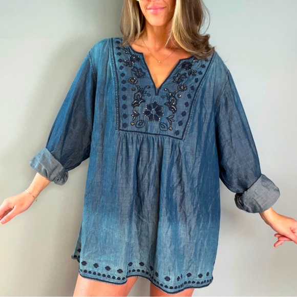 Gorgeous Vintage America Navy Blue with Embroidery and Gold Bead Blouse or Dress - Picture 3 of 11